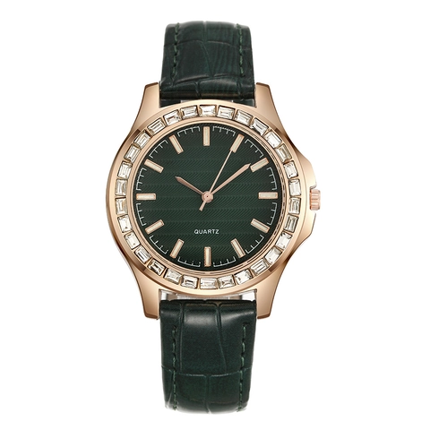 Women Quartz Wristwatch Elegant Rhinestone Bezel Wave Texture Dial Faux Leather Strap Fashion Business Casual