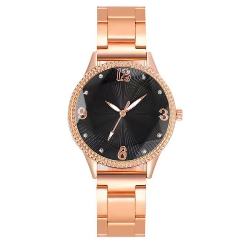 Fashion Women Quartz Watch Alloy Strap Rhinestone Bezel Sunburst Dial Digital Markers Casual Wristwatch