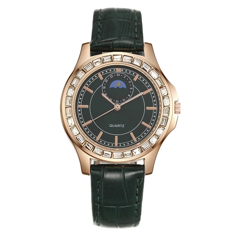 Women Quartz Watch Elegant Rose Gold Alloy Zircon Bezel Moon Phase Display Crocodile Pattern Faux Leather Strap Fashion
