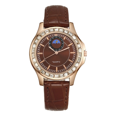Women Quartz Watch Elegant Rose Gold Alloy Zircon Bezel Moon Phase Display Crocodile Pattern Faux Leather Strap Fashion