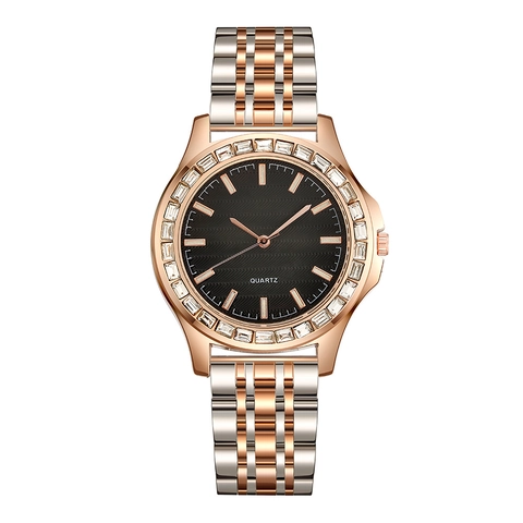 Women Quartz Watch Bicolor Stainless Steel Strap Rhinestone Bezel Business Casual Fashion Wristwatch Alloy Case