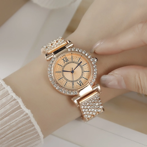 Montre À Quartz Pour Femme Luxe Strass Chiffres Romains Bracelet En Alliage Mode Décontracté Élégant Pour Dame