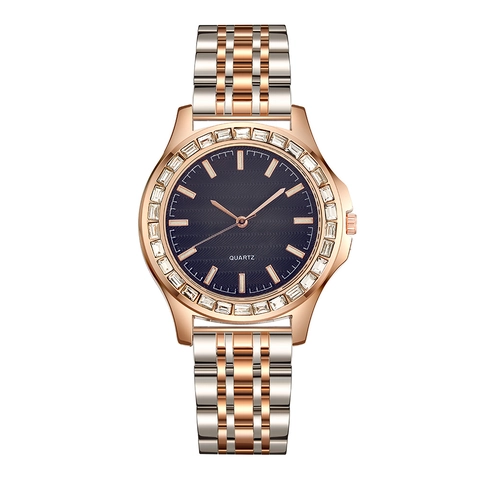 Women Quartz Watch Bicolor Stainless Steel Strap Rhinestone Bezel Business Casual Fashion Wristwatch Alloy Case