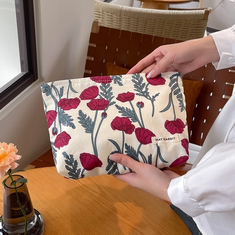 Große Kapazität Blumige Kosmetiktasche Baumwolle Leinwand Tragbare Kulturbeutel Organizer Reißverschluss Clutch Aufbewahrungstasche