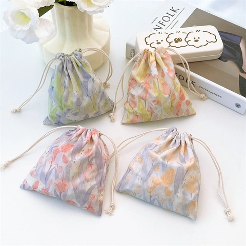 Drawstring Pouch Bag Cotton Canvas Tulip Floral Print Small Jewelry Cosmetic Storage Gift Bag Organizer For Women