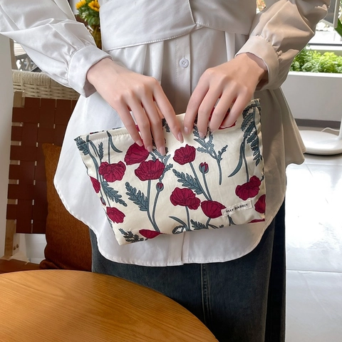 Große Kapazität Blumige Kosmetiktasche Baumwolle Leinwand Tragbare Kulturbeutel Organizer Reißverschluss Clutch Aufbewahrungstasche