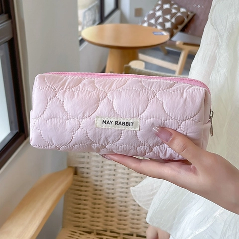 Astuccio Per Matite Trapuntato Motivo Cuore Borsa Trucco Gonfia Organizzatore Cancelleria Portatile Per Ragazze