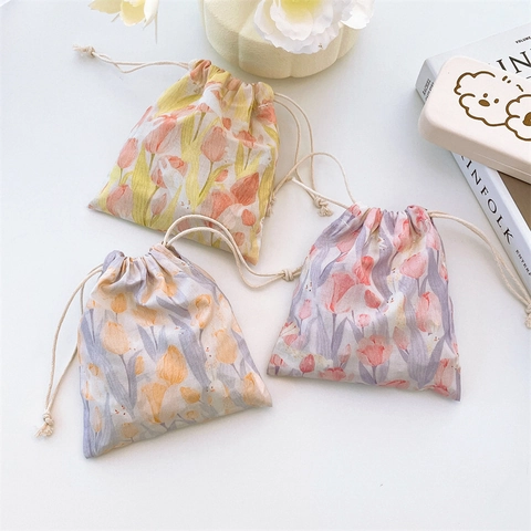 Drawstring Pouch Bag Cotton Canvas Tulip Floral Print Small Jewelry Cosmetic Storage Gift Bag Organizer For Women