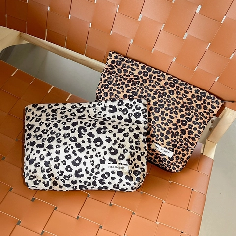 Bolsa De Maquillaje De Pana De Moda Estampado De Leopardo Gran Capacidad Neceser Portátil Para Viajes Diario