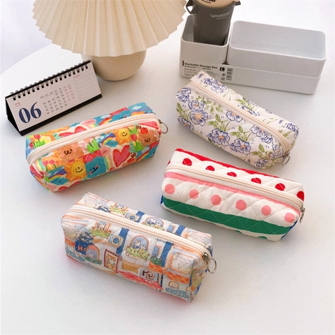 Astuccio Per Matite In Cotone Trapuntato Con Cerniera Motivo Floreale Cartone Animato Porta Cancelleria Borsa Trucco