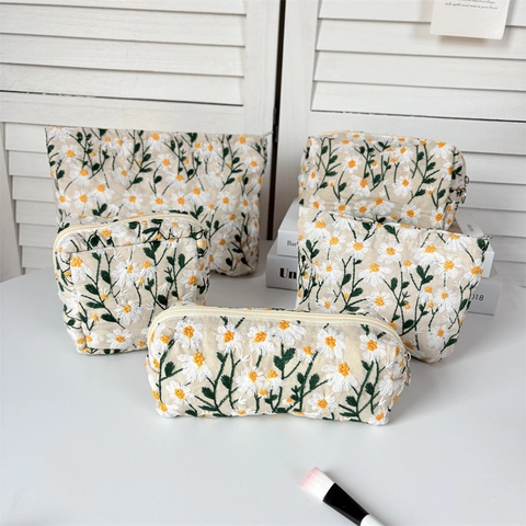Floral Gänseblümchen Stickerei Kosmetiktasche Tragbare Leinwand Reise Aufbewahrungstasche Reißverschluss Makeup Organizer Clutch Für Frauen