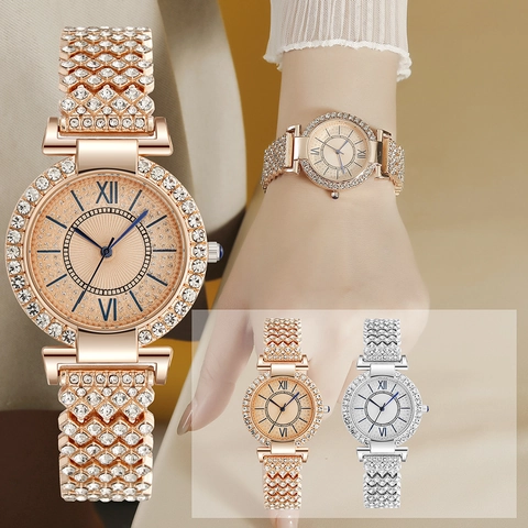 Orologio al Quarzo da Donna Cinturino in Lega con Strass Fibbia in Titanio Specchio in Vetro Lancette Blu Orologio da Polso Casual Regalo