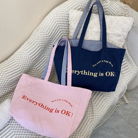 Borsa Tote In Tela Grande Capacità Da Donna Stampa Lettere Denim Borsa A Spalla Casual Versatile Fodera A Righe