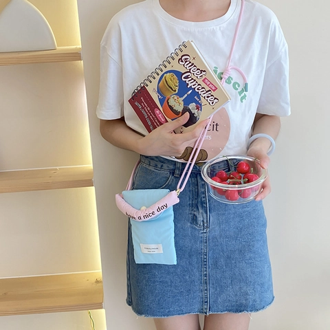 Mini Sac Bandoulière Matelassé Polyester Pochette Téléphone Poignée Rembourrée Style Coréen Décontracté Pour Femmes Et Filles