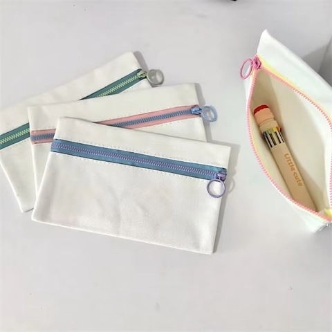 Canvas Zipper Pouch Portable Makeup Storage Bag Large Capacity Pencil Case Metal Ring Contrast Color Handheld Organizer