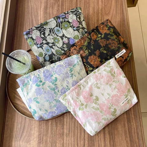 Jacquard Blumen Kosmetiktasche Vintage Bestickte Kulturbeutel Clutch Reißverschlusstasche Baumwollstoff Für Damen