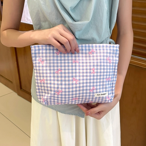 Katoenen Geruite Make-Up Tas Zoete Strik Print Cosmetische Organizer Grote Capaciteit Rits Handtas Voor Dames Meisjes