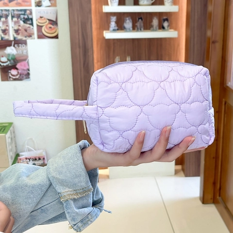 Quilted Makeup Bag Puffy Cosmetic Pouch Portable Organizer Polyester Handheld Travel Toiletry Storage Bag Sweet Style