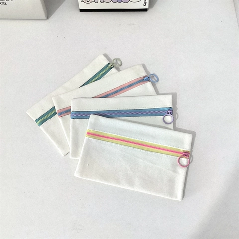 Canvas Zipper Pouch Portable Makeup Storage Bag Large Capacity Pencil Case Metal Ring Contrast Color Handheld Organizer