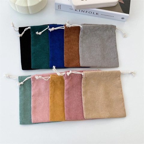 Corduroy Drawstring Pouch Bag Solid Color Portable Storage Makeup Organizer For Women Retro Style