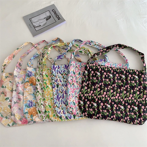 Floral Canvas Tote Bag Large Capacity Cotton Cloth Retro Shoulder Handbag For Women Students Korean Fresh Style