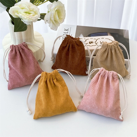 Corduroy Drawstring Pouch Bag Solid Color Portable Storage Makeup Organizer For Women Retro Style