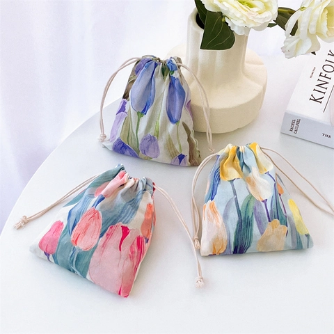 Tulip Floral Cotton Drawstring Pouch Portable Storage Bag Japanese Style Travel Makeup Cosmetic Jewelry Organizer