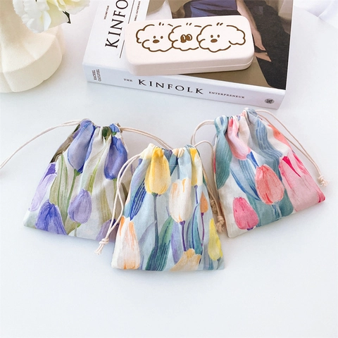 Tulip Floral Cotton Drawstring Pouch Portable Storage Bag Japanese Style Travel Makeup Cosmetic Jewelry Organizer