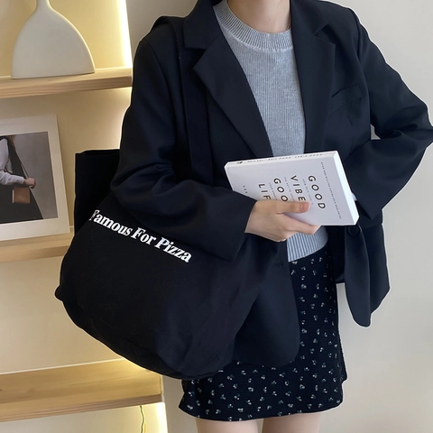 Women Large Capacity Canvas Tote Bag Casual Letter Print Shoulder Bag Student Commuting Shopping Handbag