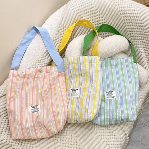 Bolso De Mano A Rayas Cuadrado Vertical Poliéster Texturizado Gran Capacidad Color De Contraste Plisado Bolso De Hombro Casual