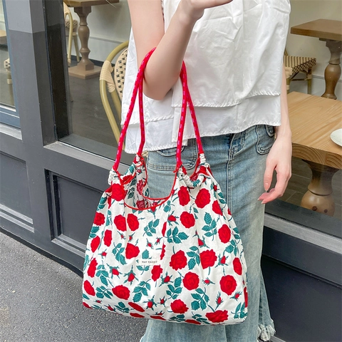 Große Kapazität Canvas Tote Bag Blumenmuster Damen Koreanischer Stil Umhängetasche Mit Seilgriff Lässige Einkaufstasche