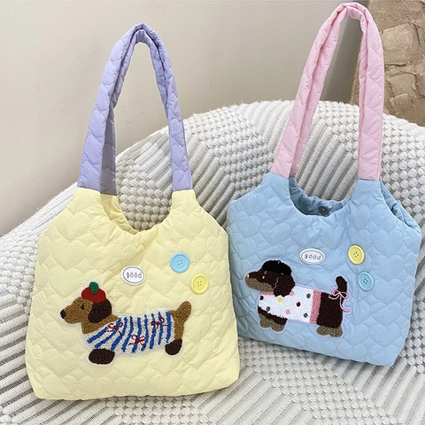 Bolso De Hombro Acolchado Con Patrón De Corazón Y Bordado De Cachorro Color En Contraste Bolso De Mano Para Mujer