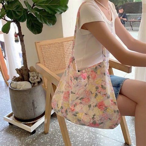 Floral Canvas Tote Bag Large Capacity Cotton Cloth Retro Shoulder Handbag For Women Students Korean Fresh Style