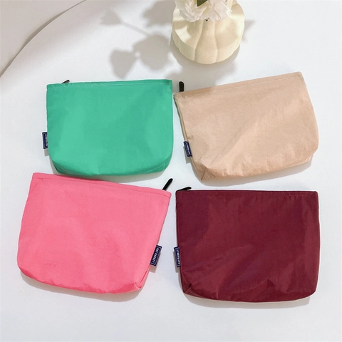 Cosmetic Bag Nylon Waterproof Solid Color Travel Makeup Organizer Zipper Pouch Spacious Portable Lightweight