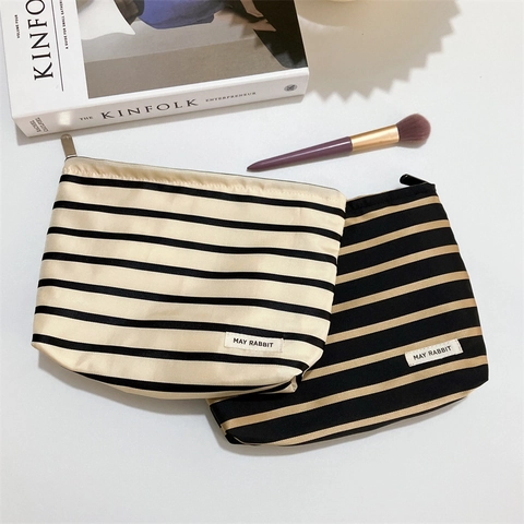 Gestreifte Kosmetiktasche Polyester Canvas Große Kapazität Reißverschluss Make-up Organizer Tragbare Reise Clutch Pouch Damen