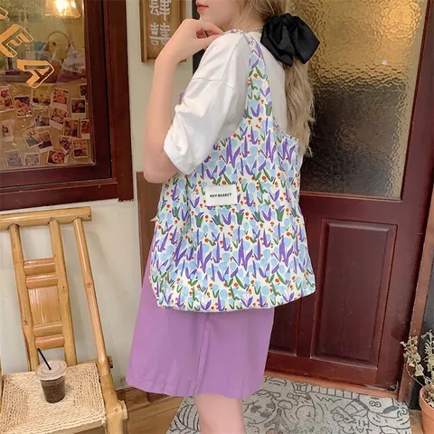 Women Cotton Canvas Shoulder Bag Tulip Flower Print Large Capacity Casual Sweet Pastoral Tote Handbag For Daily