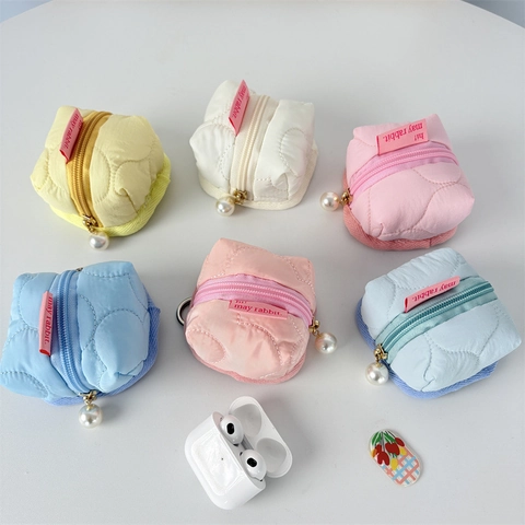 Mini Estuche Para Auriculares Bolsa De Poliéster Acolchada Monedero Con Cremallera De Perla Artificial Y Gancho De Metal Para Mujeres