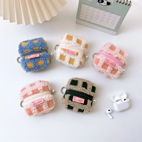 Plush Checkerboard Earphone Case Coin Purse Mini Storage Bag With Artificial Pearl Zipper Pull And Metal Keychain Ring Cute