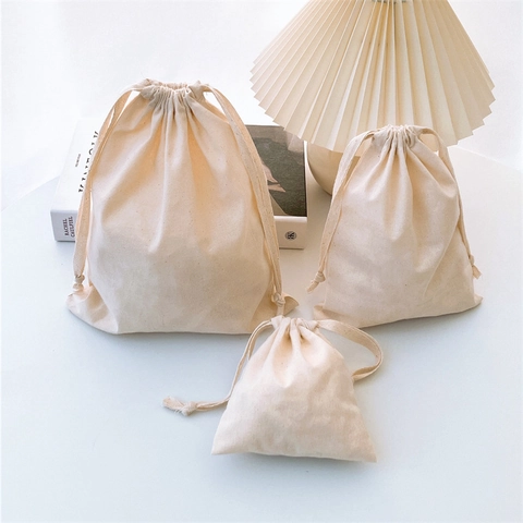 Minimalist Beige Cotton Canvas Drawstring Pouch Bags For Travel Organizing And Gift Packaging Natural Breathable Fabric