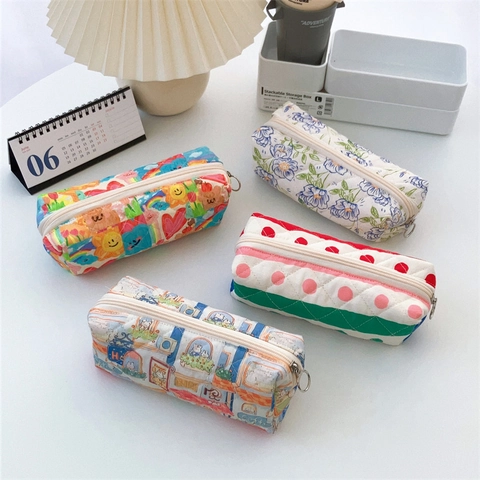 Astuccio Per Matite In Cotone Trapuntato Motivo Orsetto Floreale Borsa Per Cancelleria Pochette Per Cosmetici Cerniera Per Scuola Ufficio Ragazze