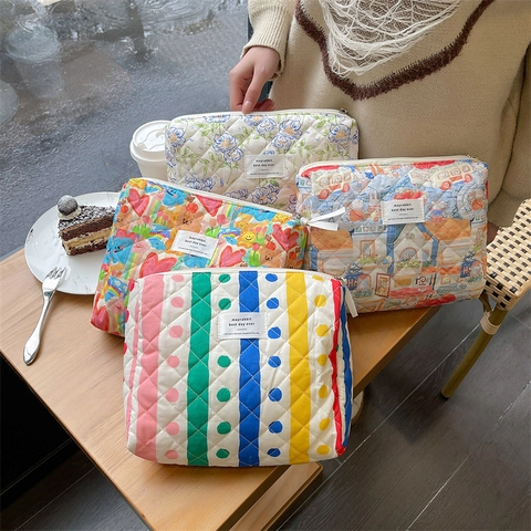 Neceser De Algodón Acolchado Bolsa De Almacenamiento Con Cremallera Patrón Floral De Rayas Organizador De Viaje Mujeres