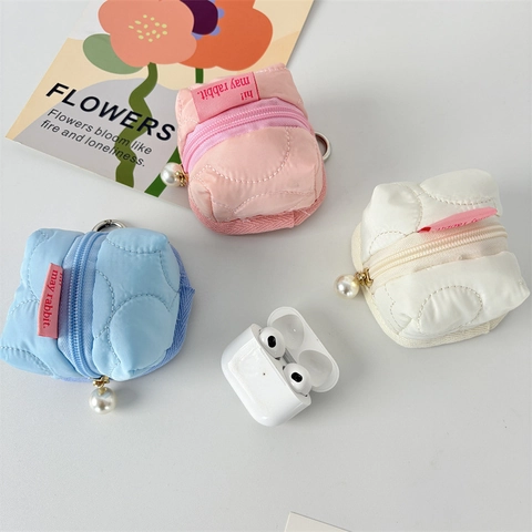 Mini Estuche Para Auriculares Bolsa De Poliéster Acolchada Monedero Con Cremallera De Perla Artificial Y Gancho De Metal Para Mujeres