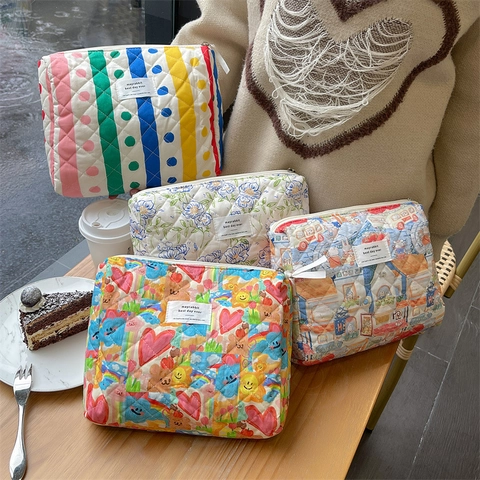 Neceser De Algodón Acolchado Bolsa De Almacenamiento Con Cremallera Patrón Floral De Rayas Organizador De Viaje Mujeres