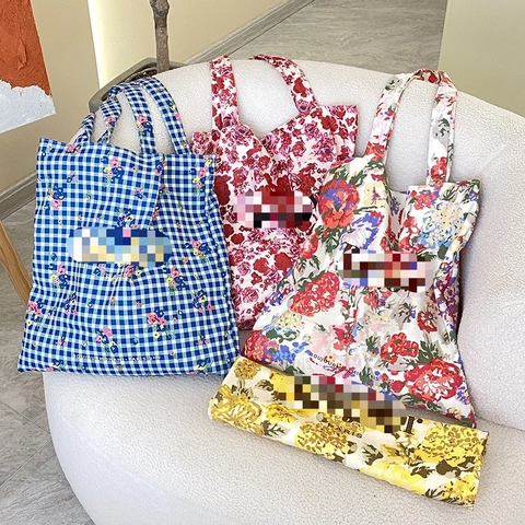 Borsa Tote In Tela Con Stampa Floreale Vintage Francese Gingham Borsa A Spalla Grande Capacità Casual Per Donne