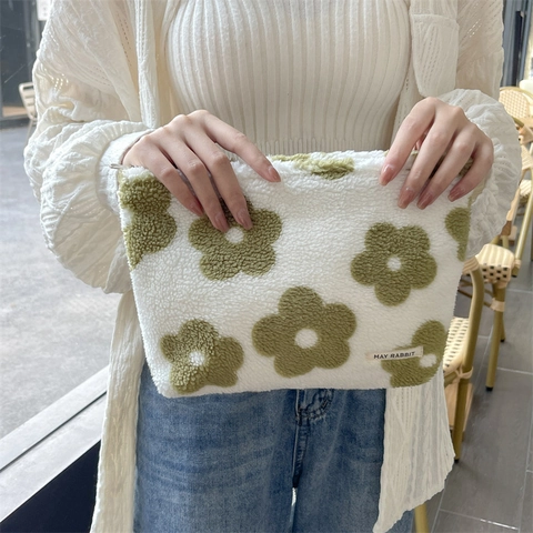Pochette In Peluche Con Motivo Floreale Borsa Per Cosmetici In Lana Di Agnello Morbida Organizzatore Con Cerniera Per Donna