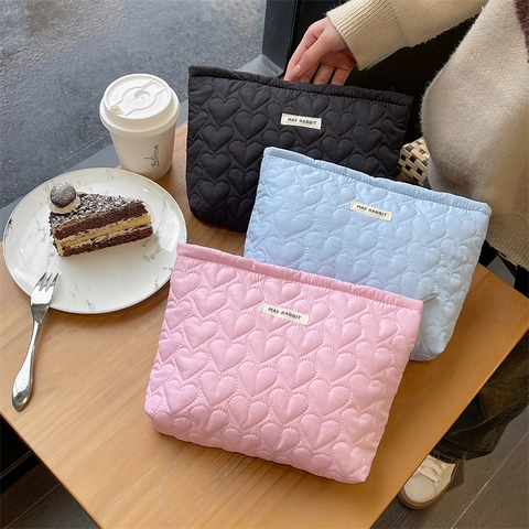 Borsa Per Trucco In Cotone Trapuntato Con Motivo A Cuore Pochette Per Cosmetici Carina Fresca Per Viaggi E Uso Quotidiano