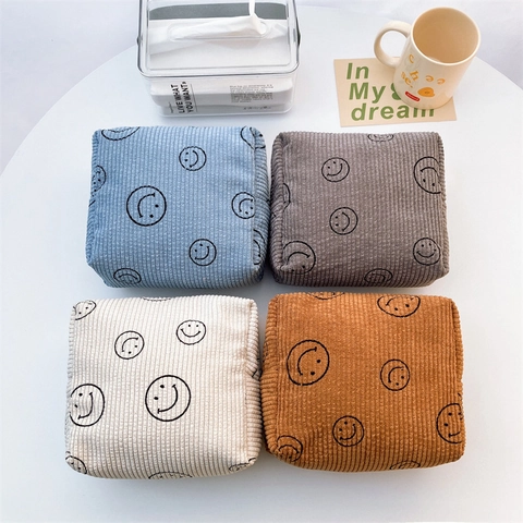 Borsa Per Cosmetici In Velluto A Coste Di Grande Capacità Con Stampa Smiley Organizer Per Trucco Morbido E Carino