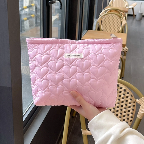 Borsa Per Trucco In Cotone Trapuntato Con Motivo A Cuore Pochette Per Cosmetici Carina Fresca Per Viaggi E Uso Quotidiano