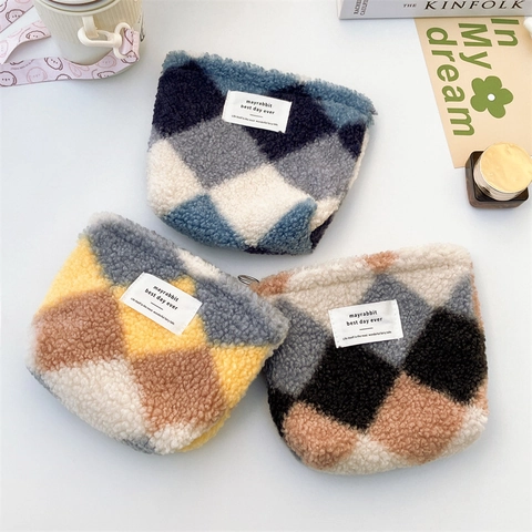 Argyle Plush Coin Purse Sherpa Zipper Pouch Mini Storage Makeup Bag Soft Portable Fashion Accessory For Women