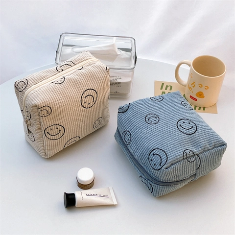 Borsa Per Cosmetici In Velluto A Coste Di Grande Capacità Con Stampa Smiley Organizer Per Trucco Morbido E Carino